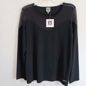 NWT Anne Klein black top with polka dot sheer front yolk, medium